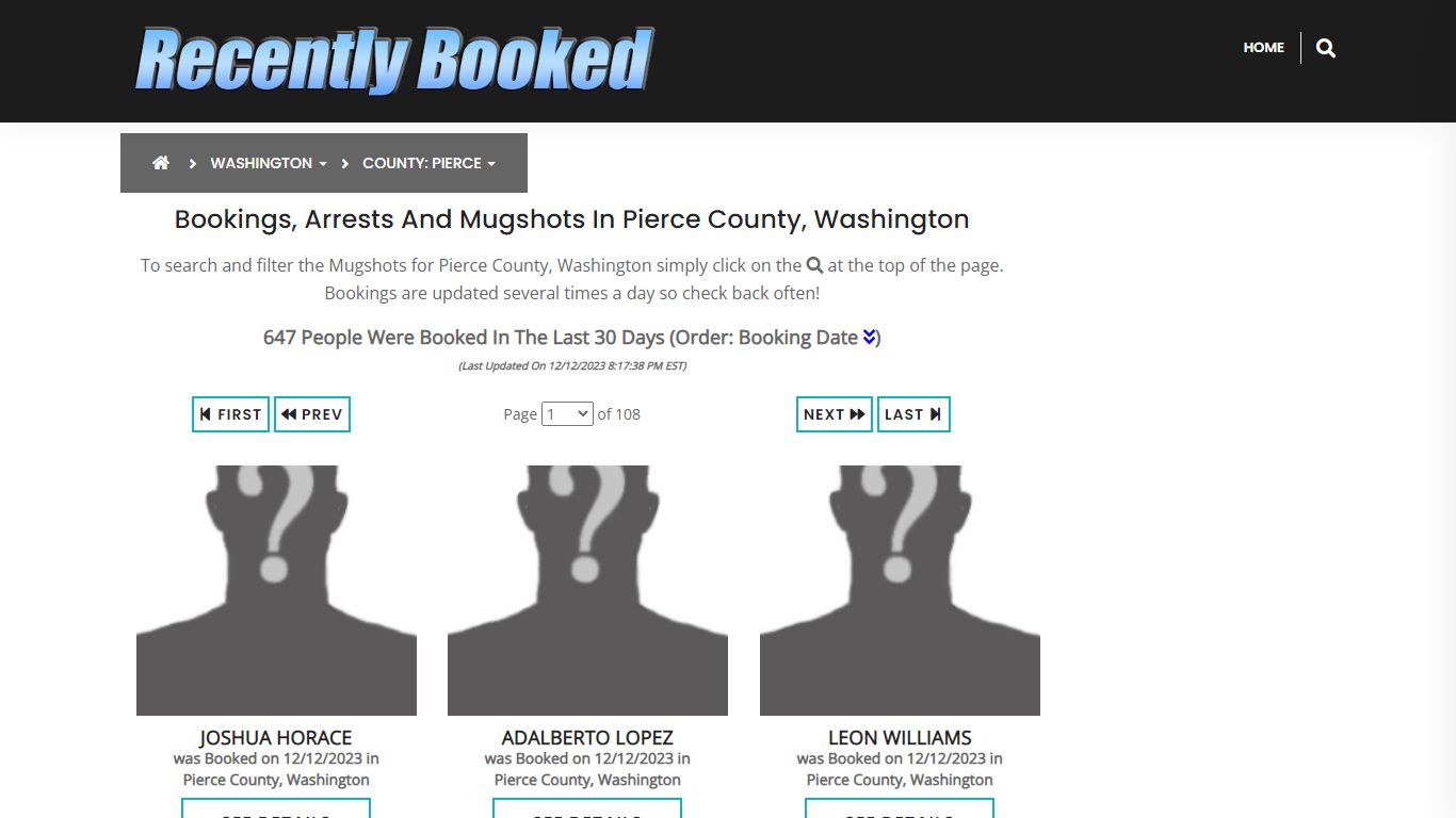 Bookings, Arrests and Mugshots in Pierce County, Washington
